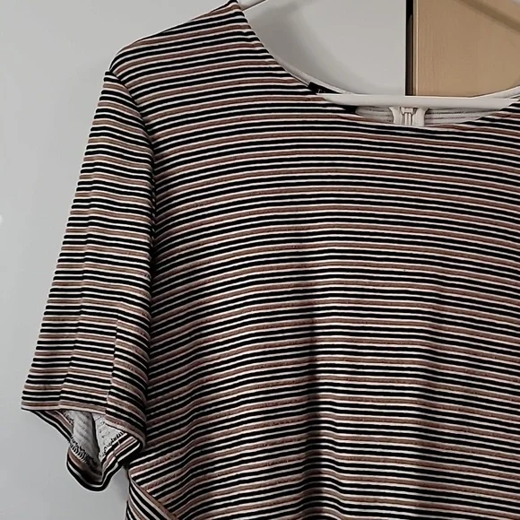 Woman's Talbots 1X Short Sleeve Top, Zipper in Back, Preloved Tan Black pinstrip - Picture 5 of 13
